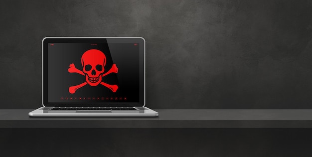 Laptop en un estante con un símbolo de pirata en la pantalla Hacking y concepto de virus Ilustración 3D aislada en fondo negro Banner horizontal