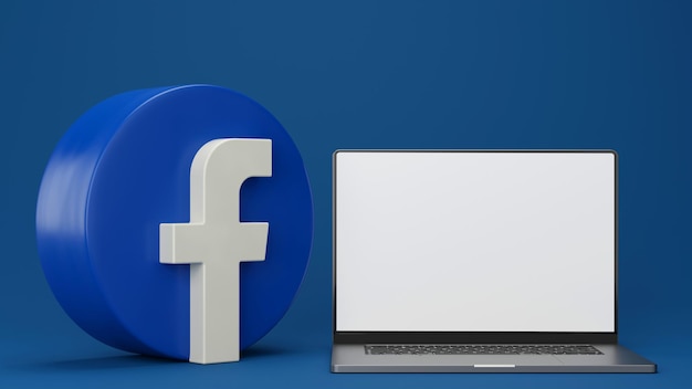 Laptop y Facebook Logos Mockup sobre fondo azul 3D Render