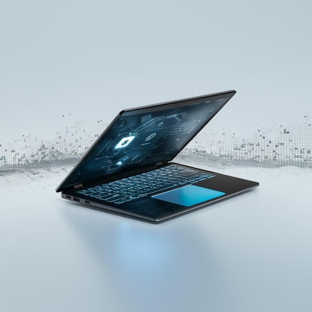 Laptop en un fondo blanco con representación 3D de la imagen de la computadora