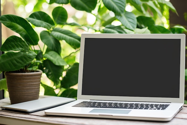 Laptop con fondo de hoja verde en la mesa