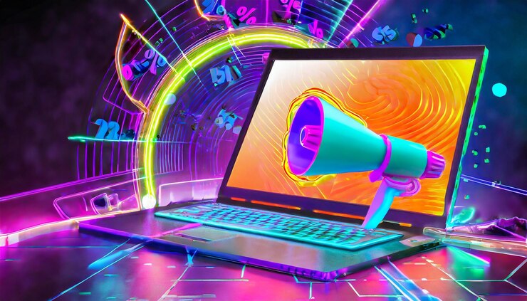 Laptop con fondo de megáfono con luces de neón de colores ventas y marketing