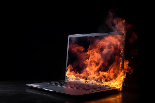 Laptop con fuego en la pantalla aislado en fondo negro Laptop quemado