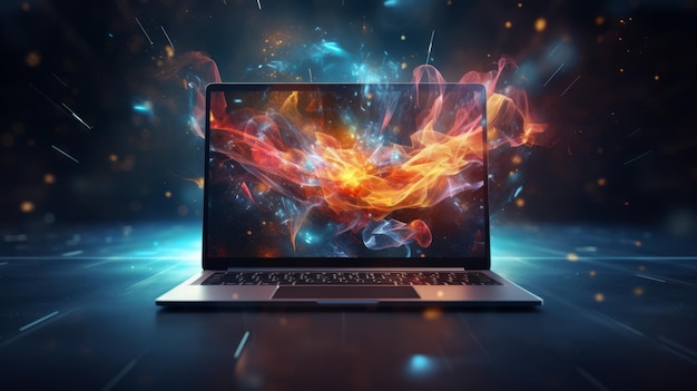 Laptop futurista se conecta ao céu criando galáxia digital abstrata