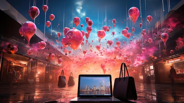 Foto una laptop con globos en el cielo