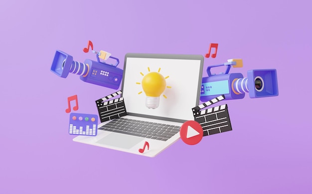 Laptop-Glühbirne-Idee Kreativer Qualitätsinhalt Streaming von Filmen Kamera Videobearbeitung 3D-Rendering