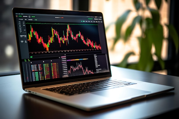 Laptop con gráfico del mercado de valores en la pantalla Concepto financiero y comercial.