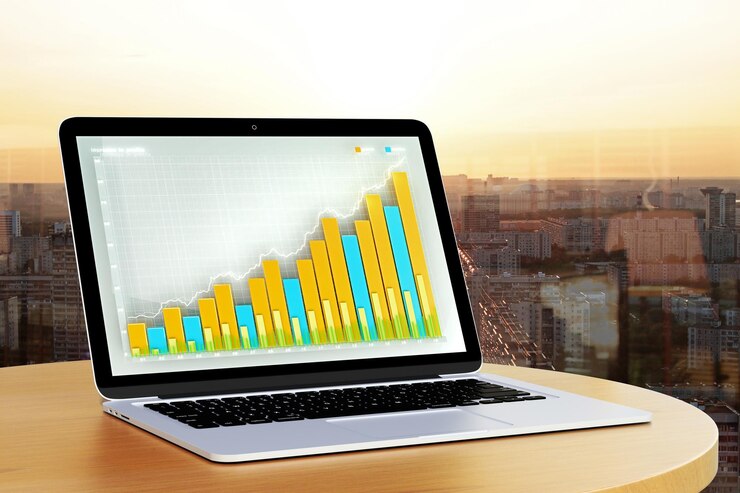 Foto laptop con gráfico de negocios en la pantalla 3d rendering