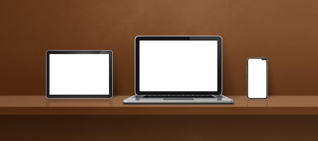 Laptop-Handy und digitaler Tablet-PC auf braunem Wandregal Banner-Hintergrund
