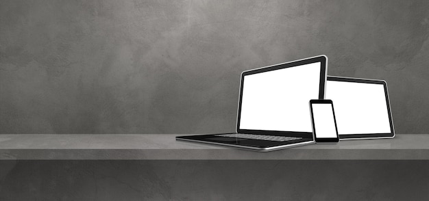 Laptop, Handy und digitaler Tablet-PC auf grauem Wandregal. Banner-Hintergrund. 3D-Illustration