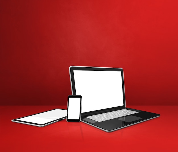 Laptop, Handy und digitaler Tablet-PC auf rotem Schreibtisch. 3D-Illustration