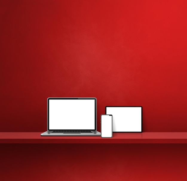 Laptop-Handy und digitaler Tablet-PC auf rotem Wandregal Quadratischer Hintergrund