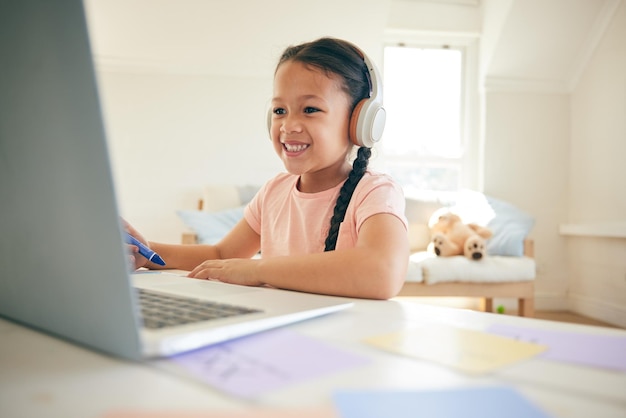 Laptop homeschooling y niña estudiante en una videollamada en una clase haciendo la tarea en su dormitorio en casa Tecnología educativa y niño o niña en una lección virtual en línea para elearning en una computadora