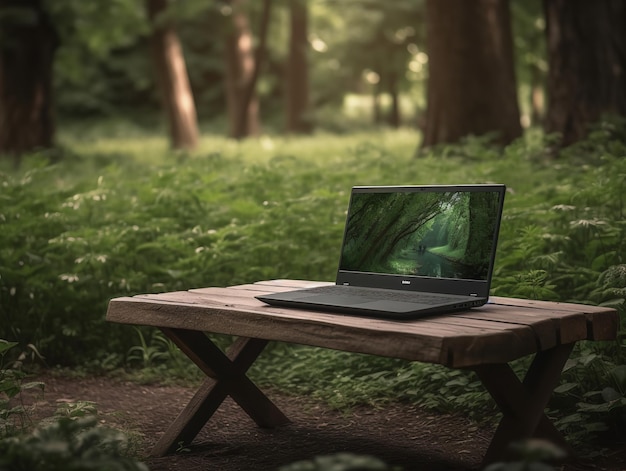 Laptop in der Natur mit Social-Media-Symbolen