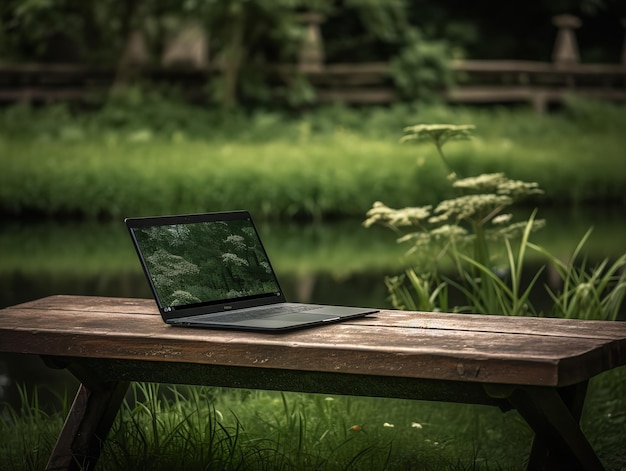 Laptop in der Natur mit Social-Media-Symbolen