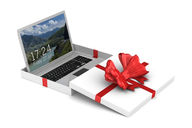 Laptop in Geschenkbox auf Weiß. Isolierte 3D-Illustration