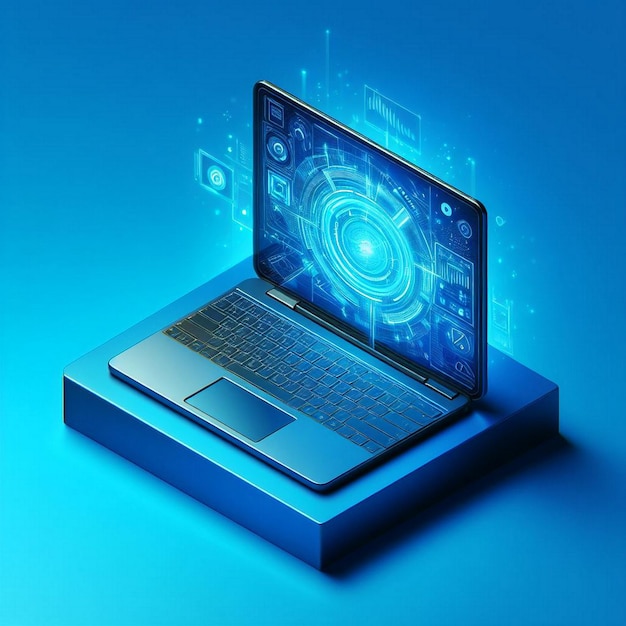 Foto laptop con interfaz digital en fondo azul ilustración en 3d
