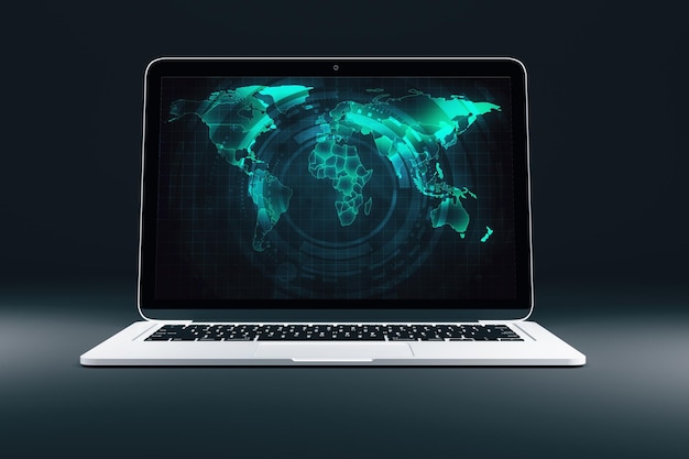 Laptop con interfaz de mapa del mundo digital en pantalla