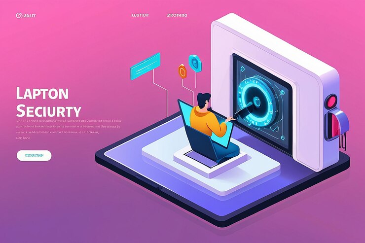Foto laptop isométrico 3d con sistema de seguridad de opciones completas y puerta de bóveda en la pantalla concepto de seguridad de datos personales página de aterrizaje