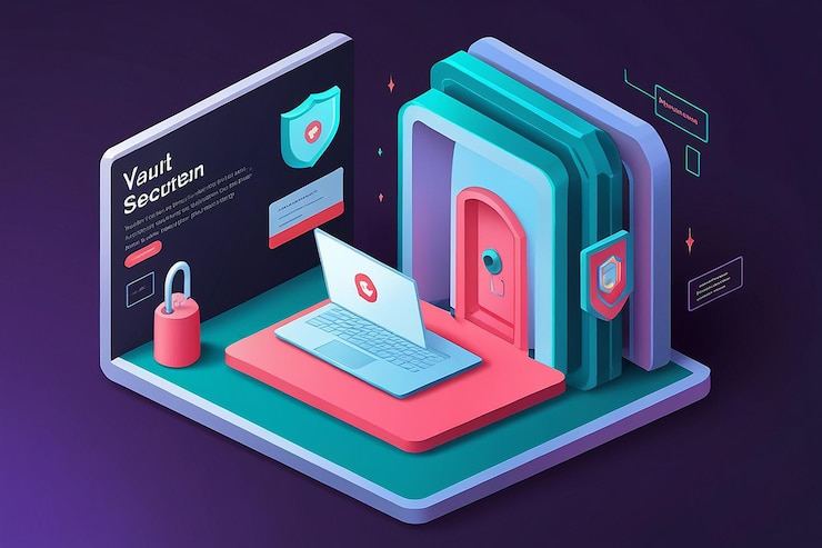 Foto laptop isométrico 3d con sistema de seguridad de opciones completas y puerta de bóveda en la pantalla concepto de seguridad de datos personales página de aterrizaje