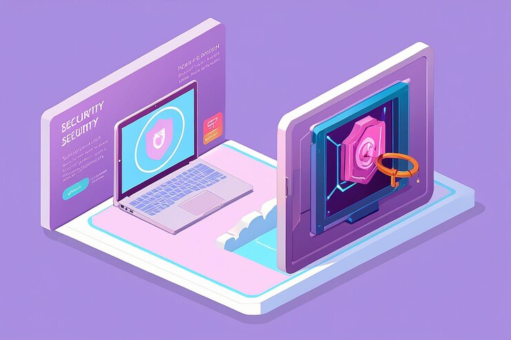 Foto laptop isométrico 3d con sistema de seguridad de opciones completas y puerta de bóveda en la pantalla concepto de seguridad de datos personales página de aterrizaje