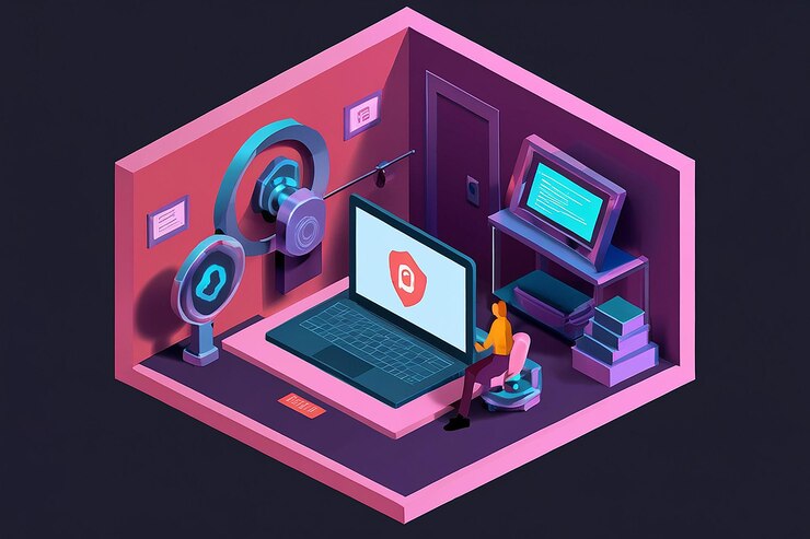 Foto laptop isométrico 3d con sistema de seguridad de opciones completas y puerta de bóveda en la pantalla concepto de seguridad de datos personales página de aterrizaje