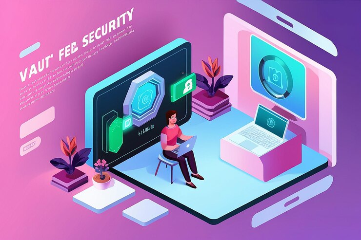 Foto laptop isométrico 3d con sistema de seguridad de opciones completas y puerta de bóveda en la pantalla concepto de seguridad de datos personales página de aterrizaje