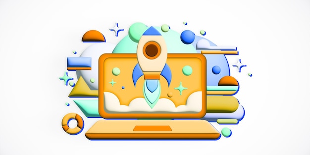 Laptop con lanzamiento de cohete que simboliza el crecimiento de la puesta en marcha en el fondo abstracto Rendering 3D