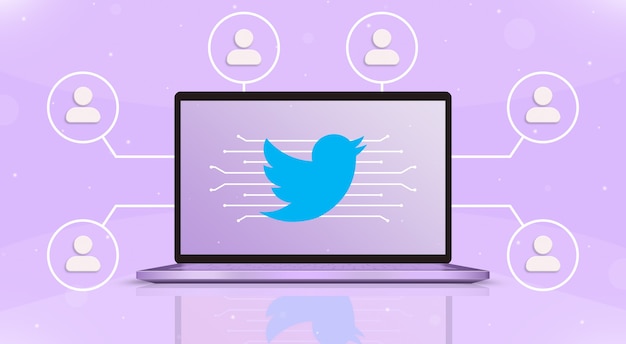 Laptop con logo de twitter en la pantalla e iconos de usuario alrededor de 3d