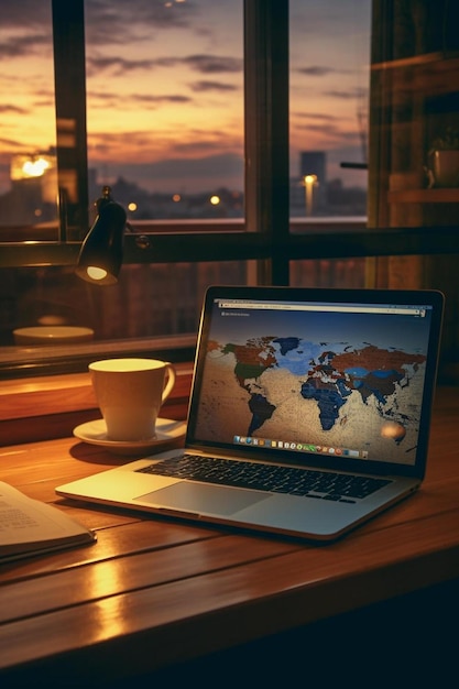 Laptop con un mapa del mundo en la pantalla.