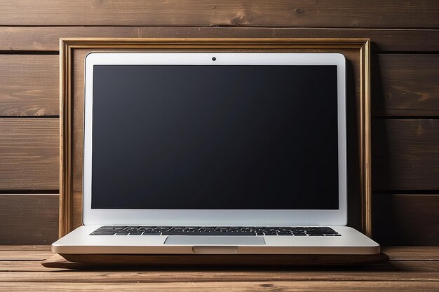 Laptop con marco en blanco en una mesa de madera