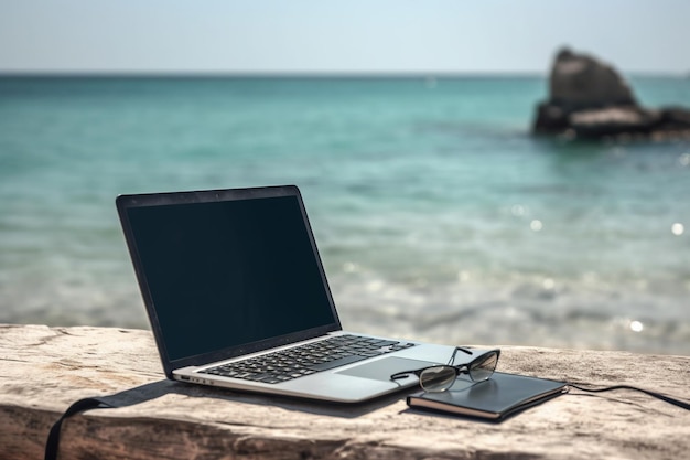 Laptop en una mesa con un cuaderno y gafas en la playa