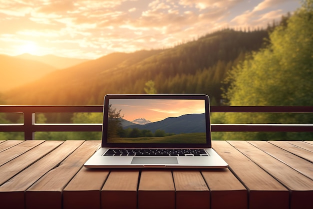 Laptop en mesa de madera con fondo de montaña y lago al amanecer.