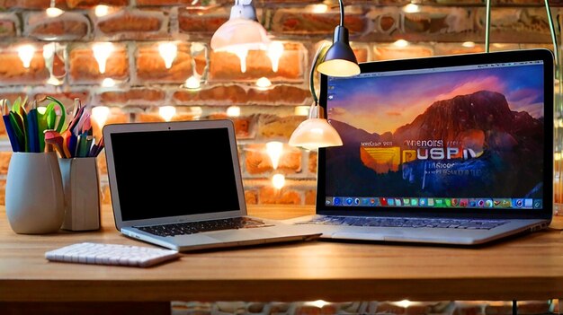 Laptop en una mesa Oficina Fondo en una pared USPI