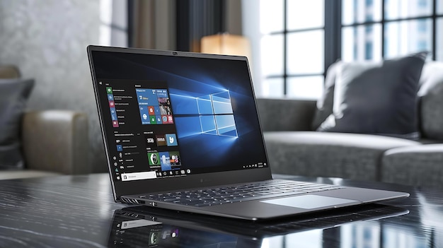 Laptop en una mesa en una sala de estar moderna El portátil está abierto y muestra el escritorio de Windows 10