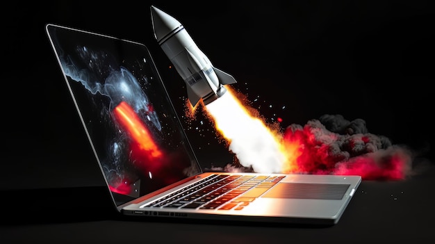 Laptop mit abhebender Rakete Konzept des Online-Geldverdienens durch Arbeiten im digitalen Business, Unternehmertum, Kryptowährungsinvestitionen, digitales Marketing, KI-Generierung