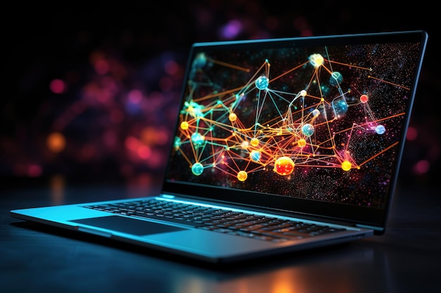 Laptop mit abstrakten Netzwerkverbindungen auf dunklem Hintergrund 3D-Rendering Ai Generated