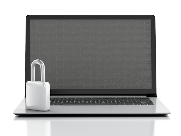 Laptop mit Backsteinmauer und Verschluss. Firewall und Sicherheitskonzept. Illutration.