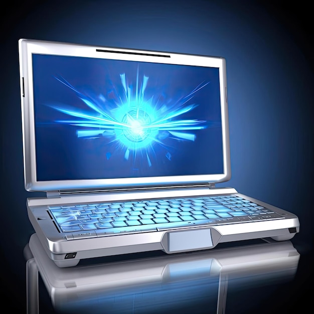 Laptop mit blauen Lichtstrahlen auf dem Bildschirm 3D-Rendering