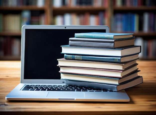 Laptop mit Bücherbibliothek im Hintergrund Wissen Bildung und Technologie Konzept Generative KI
