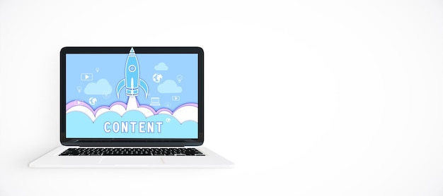 Laptop mit Content-Marketing-Konzept auf dem Bildschirm, das eine Raketenstart-Grafik auf weißem Hintergrund zeigt 3D-Rendering
