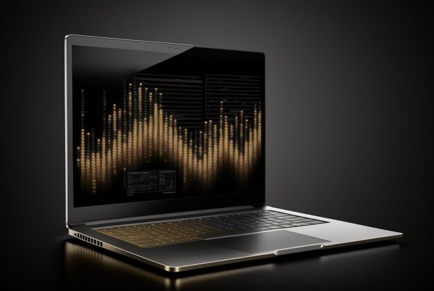 Laptop mit Datenanalyse isoliert schwarzer Hintergrund generative ai
