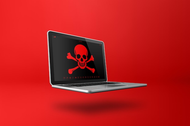 Foto laptop mit einem piratensymbol auf dem bildschirm hacking-konzept