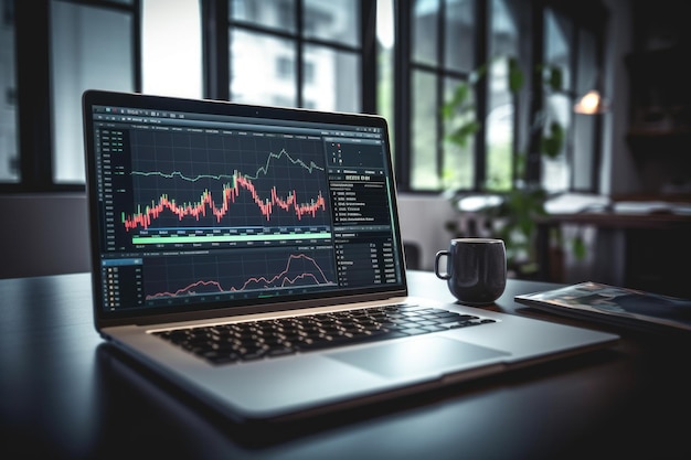 Laptop mit Finanzmarktanalyse auf dem Bildschirm Händler-Investor-Arbeitsplatz