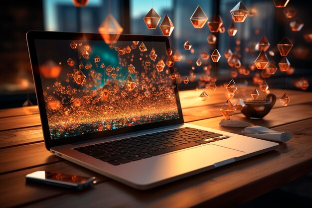 Laptop mit Hologrammbildschirm und abstraktem Hologram-Hintergrund