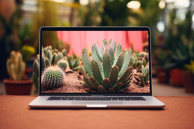 Foto laptop mit kaktus-mockup