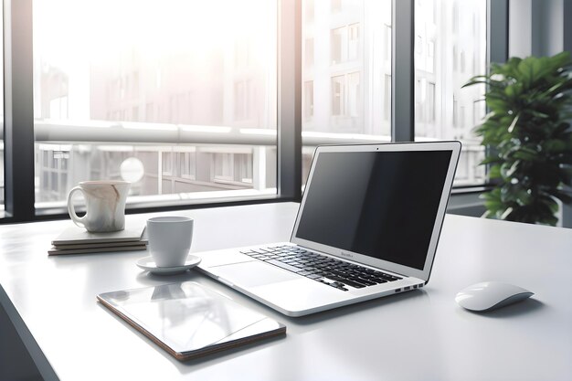 Laptop mit leerem Bildschirm auf dem Tisch im Büro 3D-Rendering