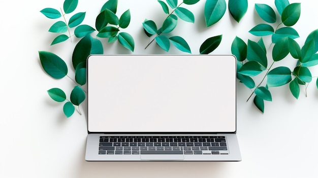Laptop mit leerem Bildschirm auf weißem Hintergrund, flacher Platz für Text