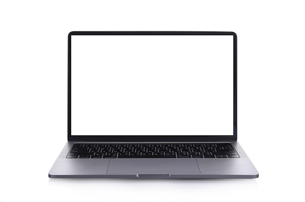 Foto laptop mit leerem bildschirm isoliert, weißer aluminiumkörper.