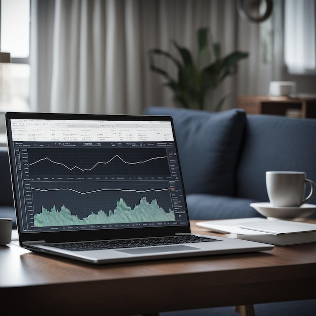 Laptop mit leerem Bildschirm und Becher auf dem Tisch mit modernem Grafikdiagramm verschwommenem Hintergrund 3D-Rende