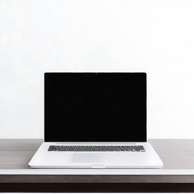 Laptop mit leerem schwarzen Bildschirm auf einem weißen Tisch
